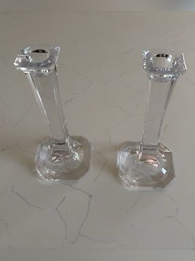 Pair of Clear Glass Crystal Candlesticks